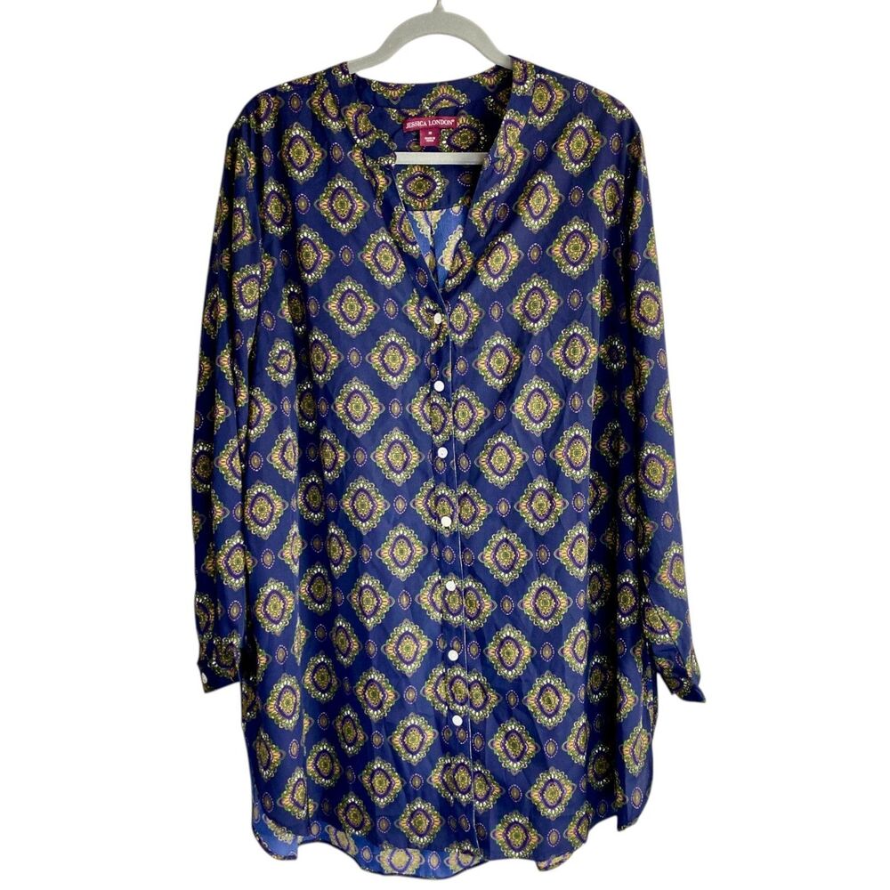 Jessica London Womens 18 Tunic Top Blue Gold Medallion Button Up Blouse Boho 18W